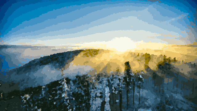 Snowy Mountain Landscape With Sunlight Through Clouds — pixel art version
