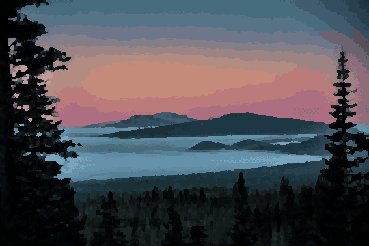 Night Lake Hills Tree Silhouettes pixel art wallpaper