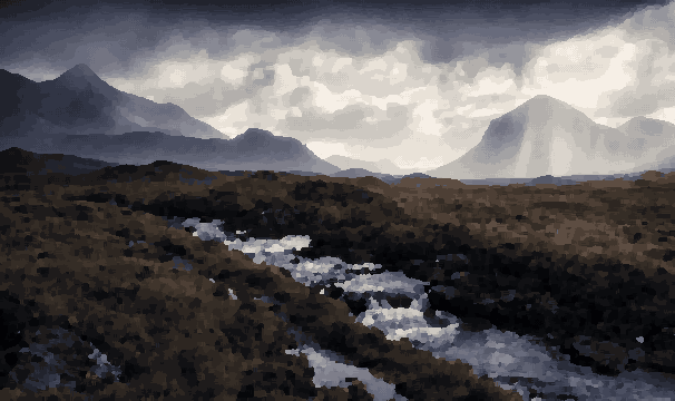 River Through Highland Valley Under Overcast Sky pixel art wallpaper