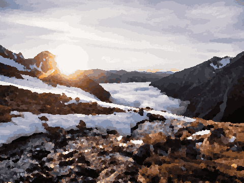 Sunrise At Angelus Hut With Snowy Peaks pixel art wallpaper
