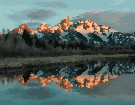 The majestic Grand Teton National Park in Wyoming, with its snow-capped peaks reflected in the still waters of the Snake River, pixel art