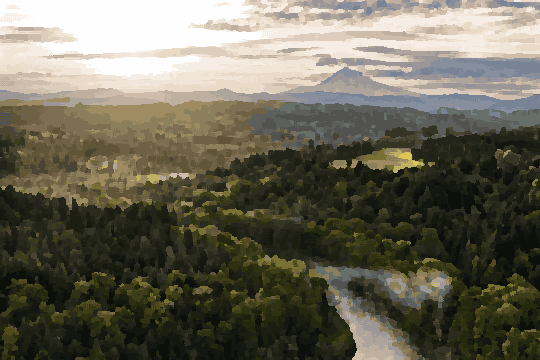 Aerial View Of Mount Hood And Sandy River pixel art wallpaper