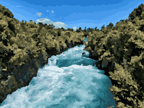 Huka River Flowing Through Green Forest Gorge pixel art wallpaper