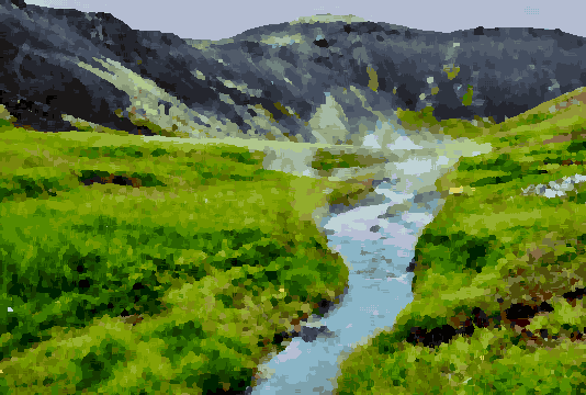 A small stream running through a lush green field with mountains in the background, pixel art