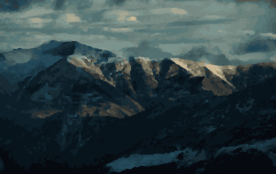 A majestic mountain range covered in snow, with a cloudy sky in the background, pixel art