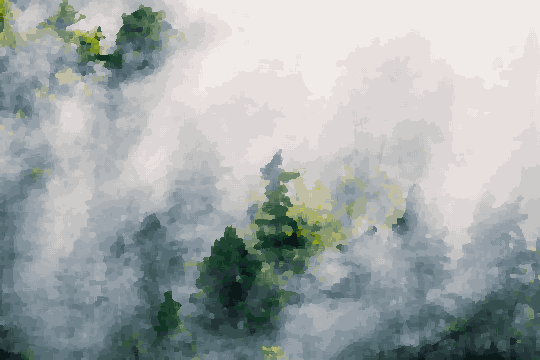 A foggy forest with trees in the foreground and a white sky in the background, pixel art