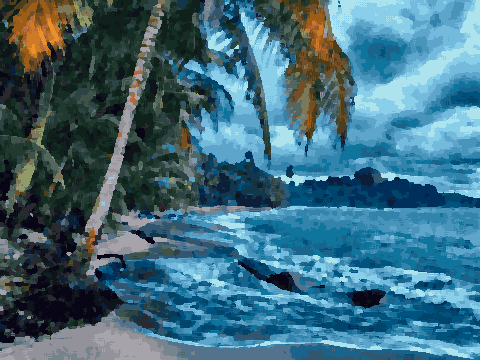 A beach with crystal clear blue water, white sand, and tall palm trees swaying in the breeze, pixel art