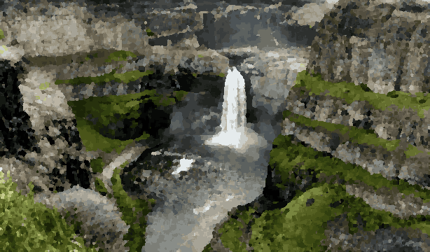 Palouse Falls in Washington State, with a waterfall cascading down the middle of the canyon surrounded by lush green grass and plants on either side, pixel art