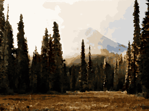 A field with trees and a mountain in the background, shrouded in a thick fog, pixel art