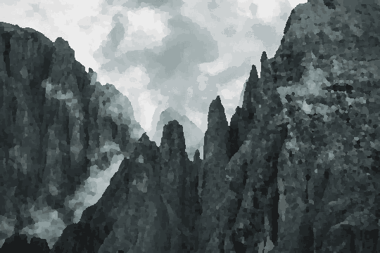 A majestic mountain range with a cloudy sky in the background, pixel art