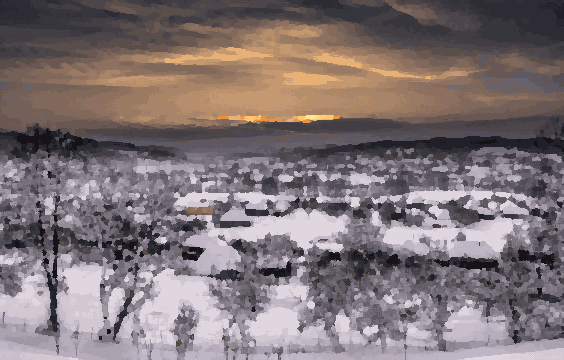 Snowy Village Sunset Landscape — pixel art version