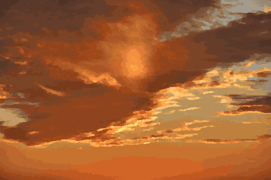 A beautiful sunset with the sun shining through the clouds in the sky, creating a stunning contrast between the warm colors of the sky and the cool to, pixel art