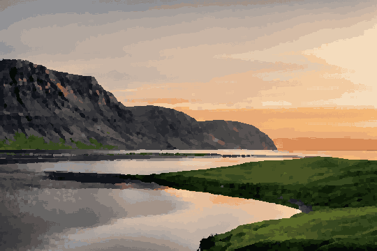 A stunning sunset over a body of water with a mountain in the background, surrounded by lush green grass and a sky filled with clouds, pixel art