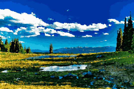 Grassy Meadow Pond Surrounded By Trees — pixel art version