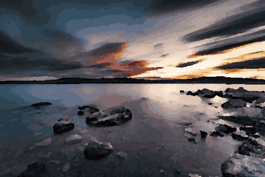 Rocky Lake Beach Sunset Landscape pixel art wallpaper