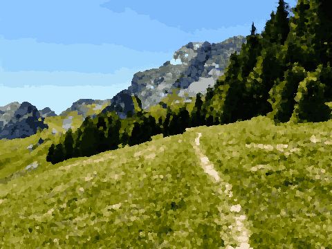 A grassy field with a path winding through it, surrounded by trees and hills in the background, with a clear blue sky above, pixel art