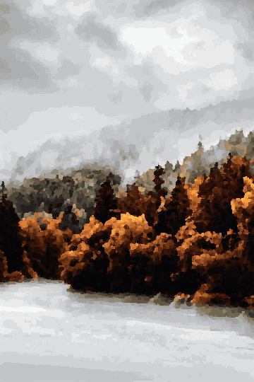 A forest of larch trees in autumn, with their leaves changing to vibrant shades of red, orange, and yellow, pixel art