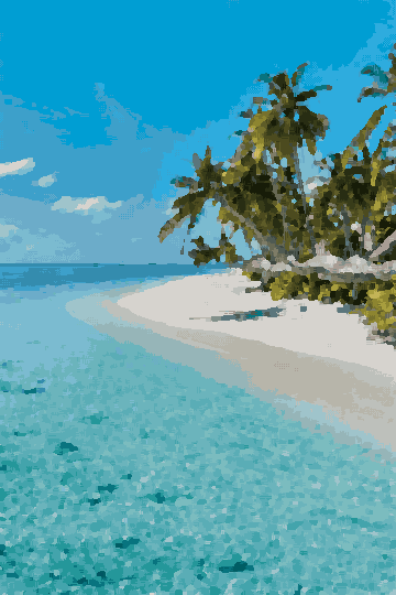 A beach with white sand, palm trees, huts, plants, and crystal clear blue water, pixel art