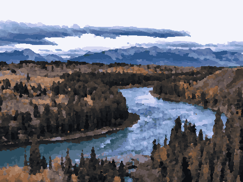 A river running through a lush green forest with trees on either side and mountains in the background, pixel art