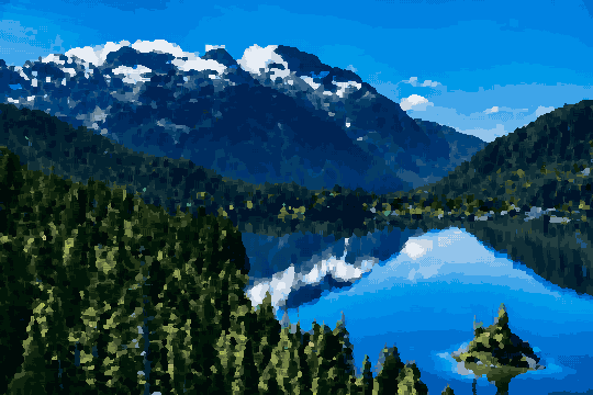 Snow-Capped Peaks Over Tree-Lined Lake — pixel art version