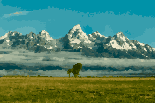 The majestic Grand Teton National Park in Wyoming, with its snow-capped peaks, lush green grass, tall trees, and fluffy white clouds in the sky, pixel art