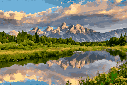 The majestic Grand Teton National Park in Wyoming, USA, with its lush grass, plants, flowers, trees, and mountains reflected in the still waters of th, pixel art