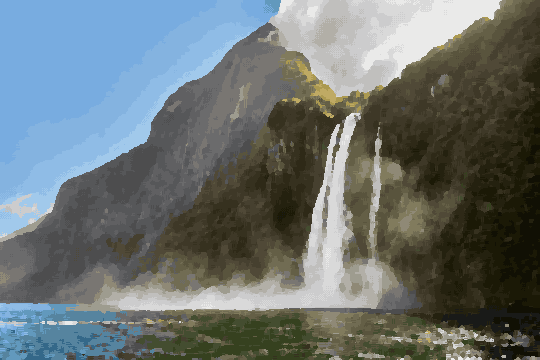 Milford Sound Waterfall Cascading From Cliff — pixel art version
