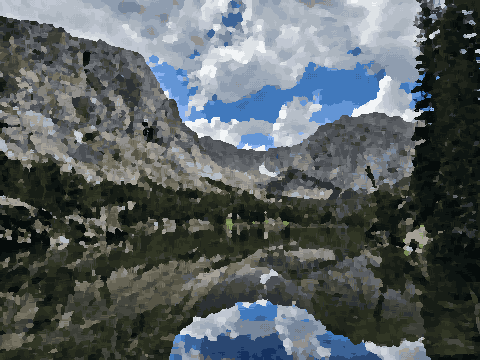 A small lake in the middle of a mountain range, surrounded by trees and hills, pixel art
