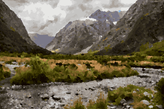River Flowing Through Fiordland Valley — pixel art version