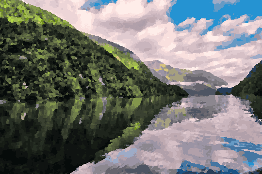 Doubtful Sound Lush Hills And Cloudy Sky — pixel art version
