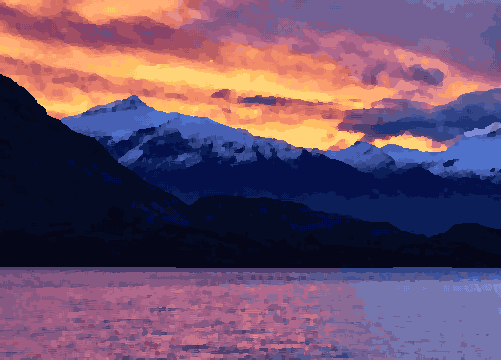 A stunning sunset over Lake Wakatipu in Queenstown, New Zealand, pixel art