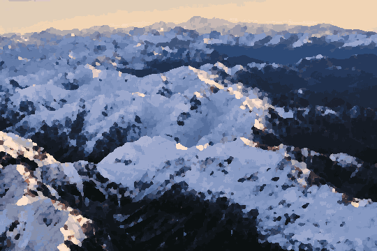 A breathtaking view of snow-covered mountains from the top of a mountain, with the sky in the background, pixel art