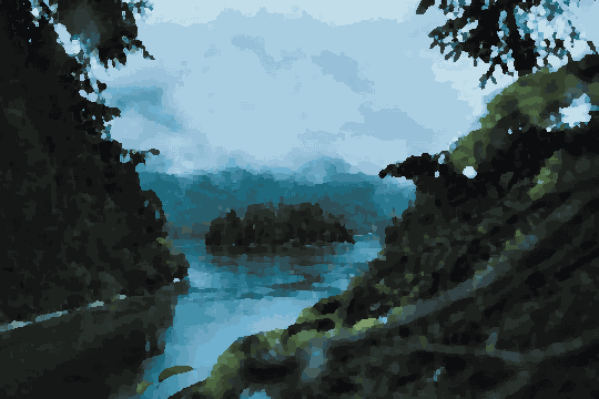 River Reflections In Misty Forest — pixel art version