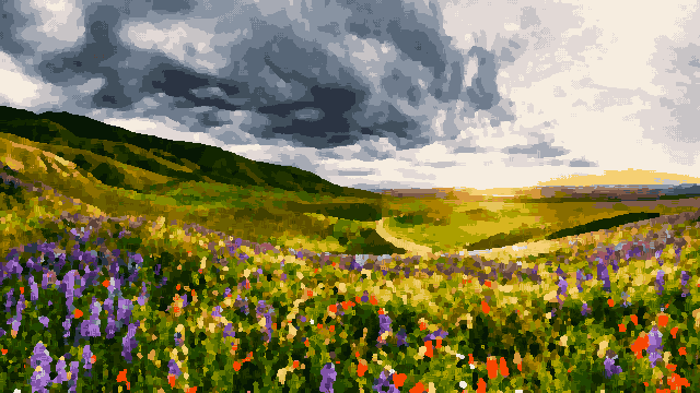 A field of wildflowers in the middle of a grassy field, with hills in the background and a cloudy sky above, pixel art