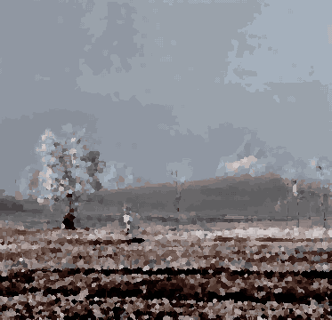A field covered in snow with trees in the background, pixel art