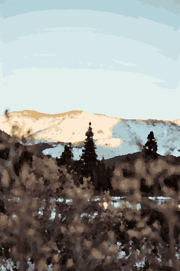 A snow-covered mountain range with trees in the foreground and a clear sky in the background, pixel art