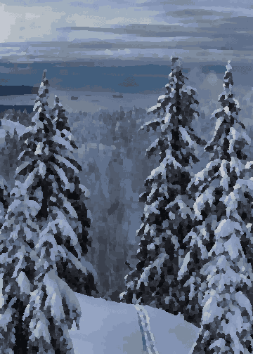 A snow covered mountain with trees in the background, pixel art