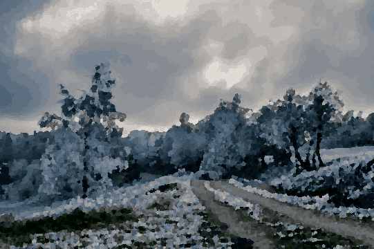 Frosty Dirt Road Winding Through Snowy Field pixel art wallpaper