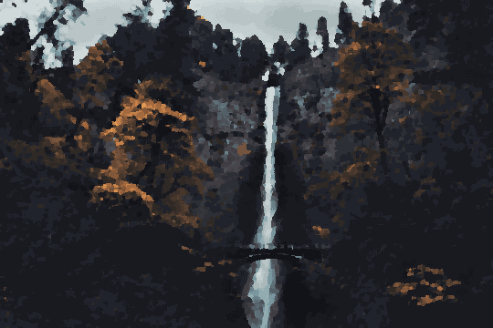 A majestic waterfall cascading down a rocky cliff in the middle of a lush forest, surrounded by tall trees on either side, pixel art