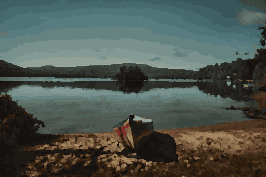 A small boat sitting on top of a sandy beach next to a body of water, surrounded by lush green grass and plants, pixel art