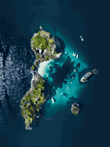 An aerial view of a small island in the middle of the ocean, surrounded by lush green trees and crystal clear blue water, pixel art