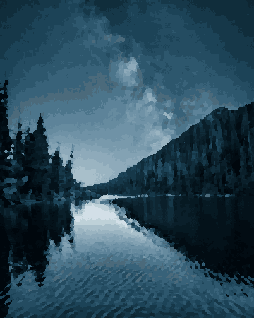 A black and white photo of a lake surrounded by trees, with the milky way shining brightly in the night sky above, pixel art