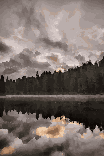 A majestic mountain range with trees in the foreground and a cloudy sky in the background, pixel art