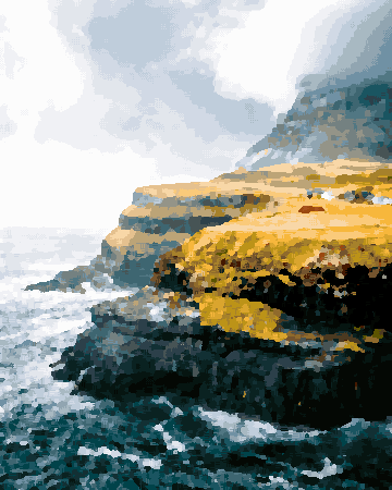 Coastal Village On Gray Shore Cliff — pixel art version
