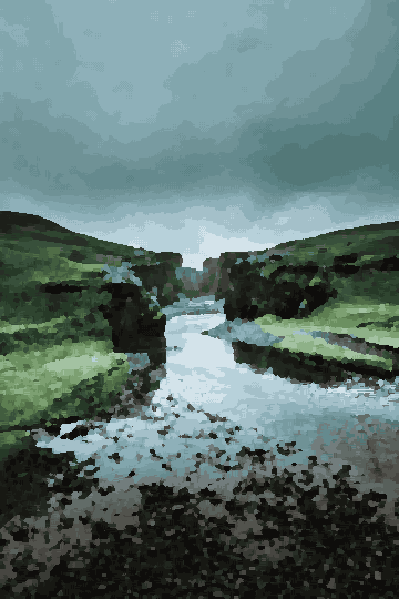 River Stream Through Stony Coast Valley — pixel art version