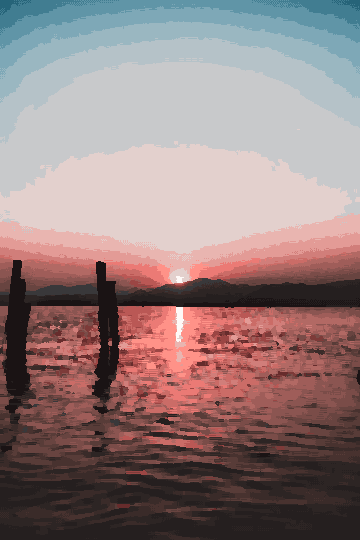 Sunset Over Sea With Wooden Poles — pixel art version
