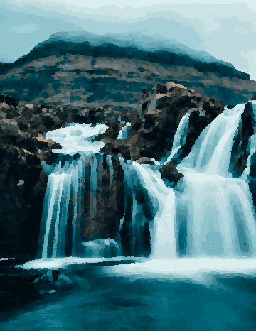 A majestic waterfall cascading down a rocky mountain in Iceland, surrounded by lush green hills and a bright blue sky, pixel art