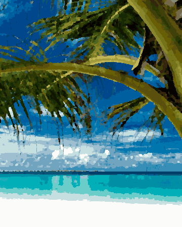 A swimming pool with crystal clear blue water surrounded by lush green palm trees, with a bright blue sky and fluffy white clouds in the background, pixel art