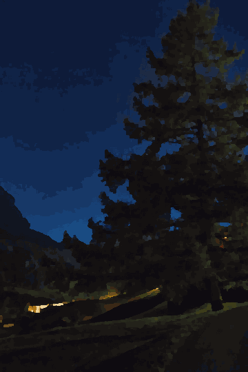 A car driving down a road at night, surrounded by trees and illuminated by the lights of the vehicles on the road, pixel art