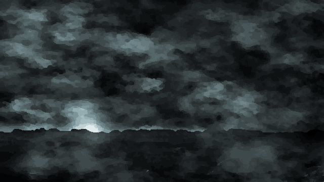 A dark sky with a full moon shining through the clouds, illuminating the hills in the background, pixel art